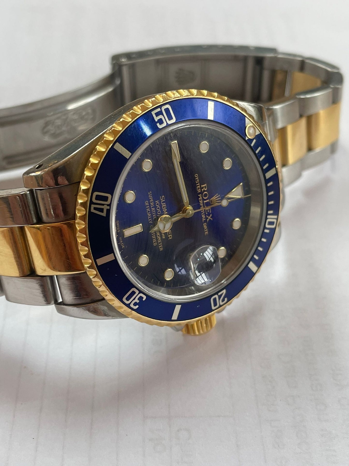 Submariner Blusey Mens Rolex Submariner Date 18k Yellow Gold Steel Watch Blue Dial Bezel 16613