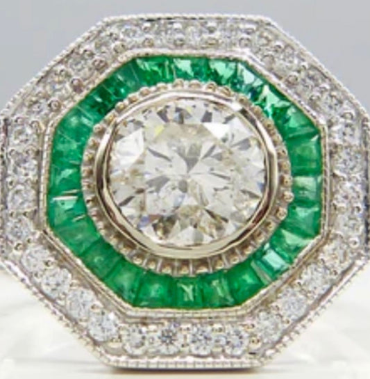 Emerald and Diamond Art Deco Target 18k White Gold Ring