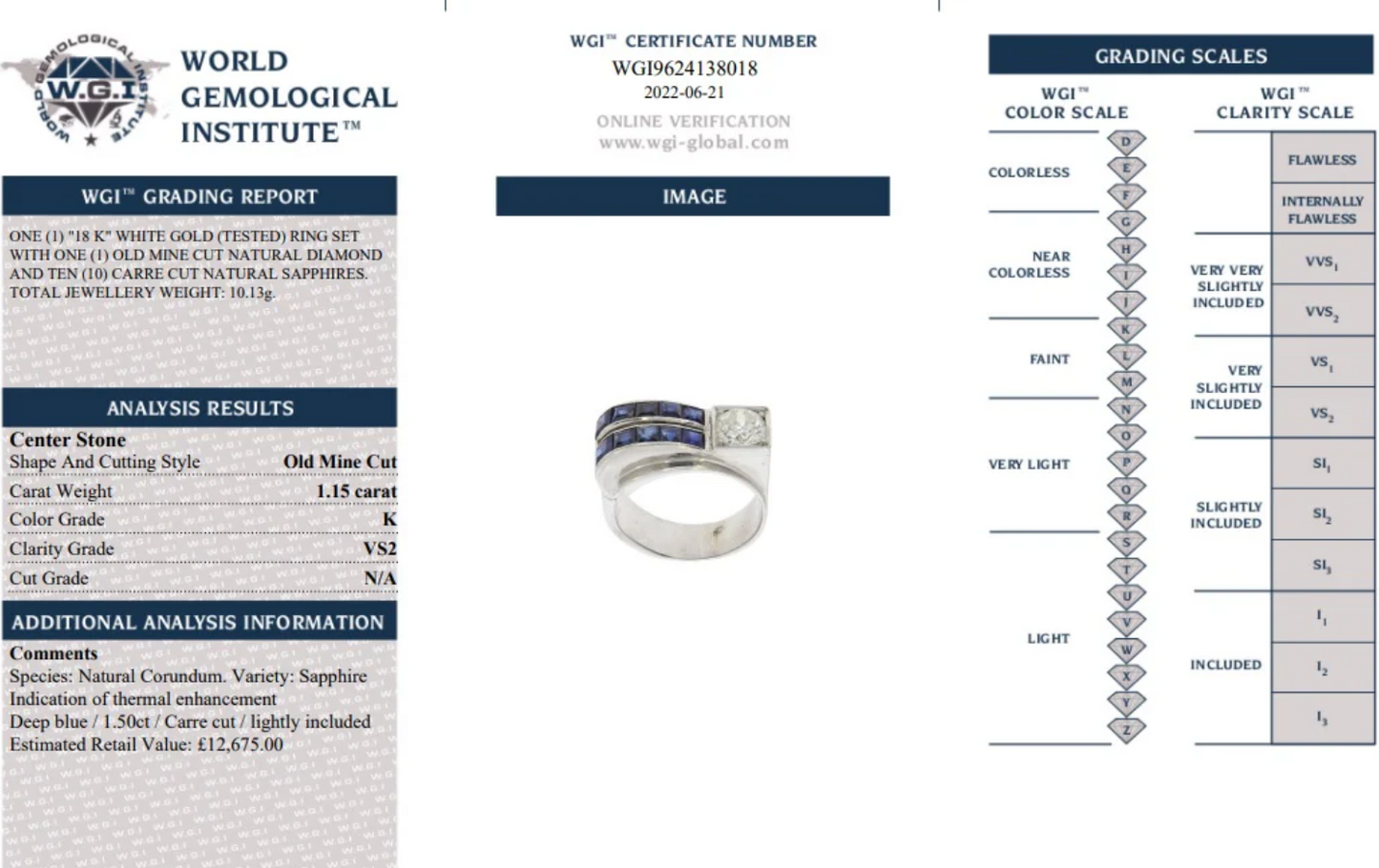 DIAMOND AND SAPPHIRE 1960 18k WHITE GOLD RING