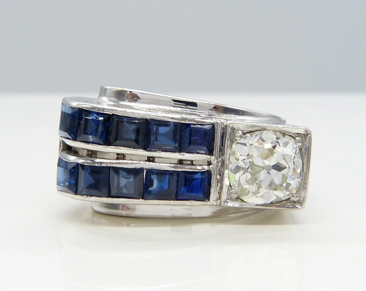 DIAMOND AND SAPPHIRE 1960 18k WHITE GOLD RING