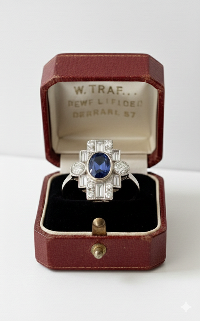 Art Deco Style Sapphire & Diamond 18k White Gold Ring