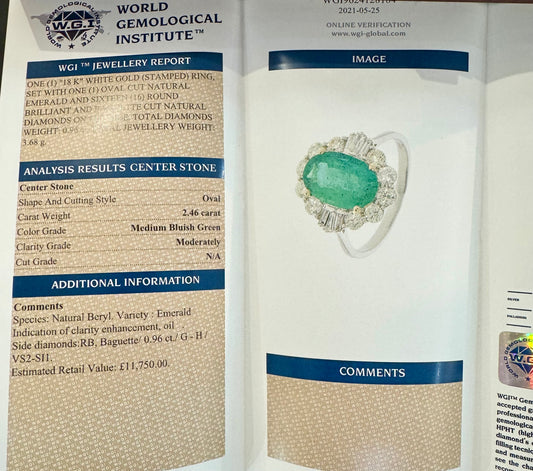 Oval Emerald and Baguette Diamond 18ct White Gold Ring
