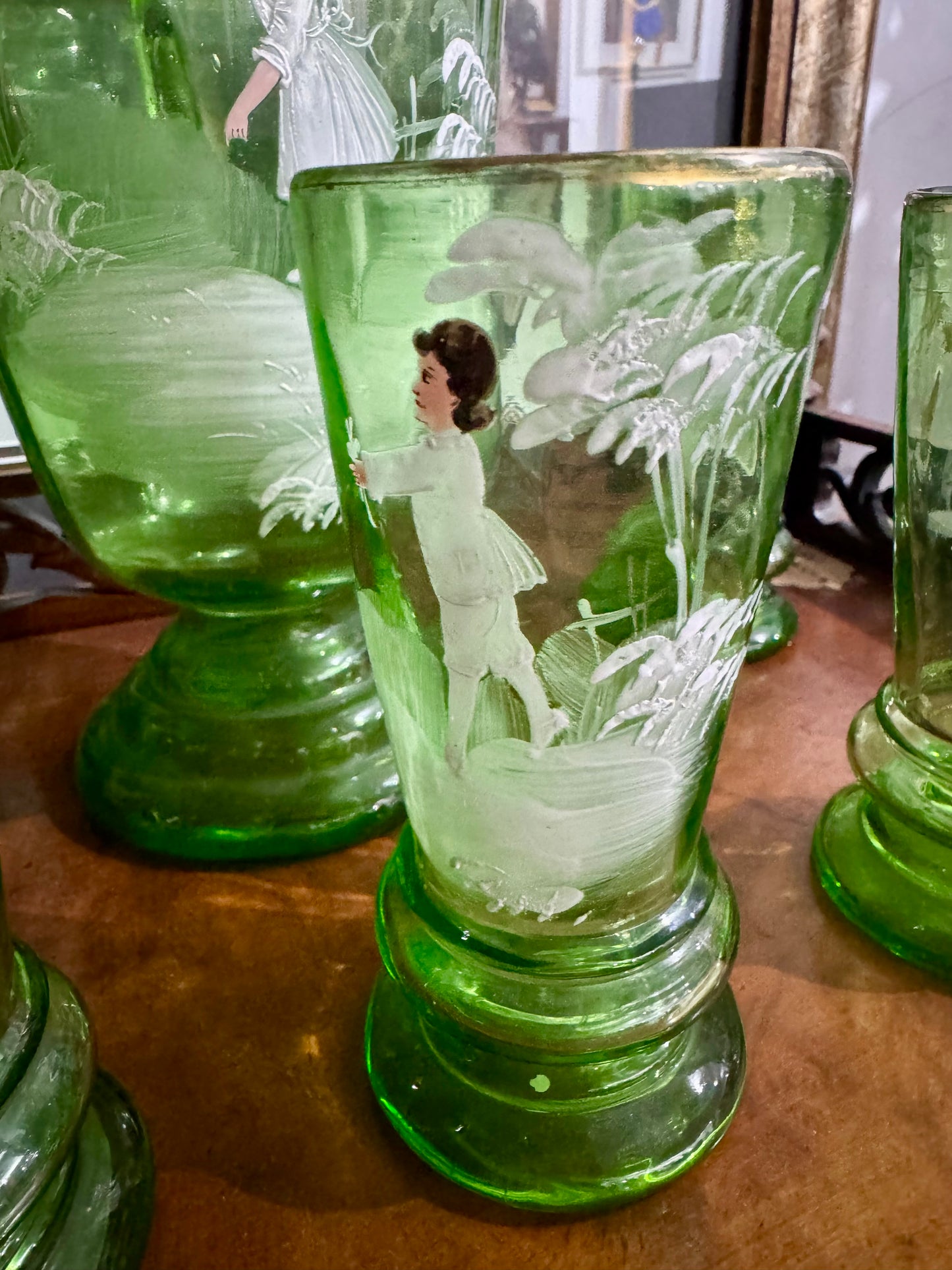 Pitcher and Six Glasses Mary Gregory 1900 Circa