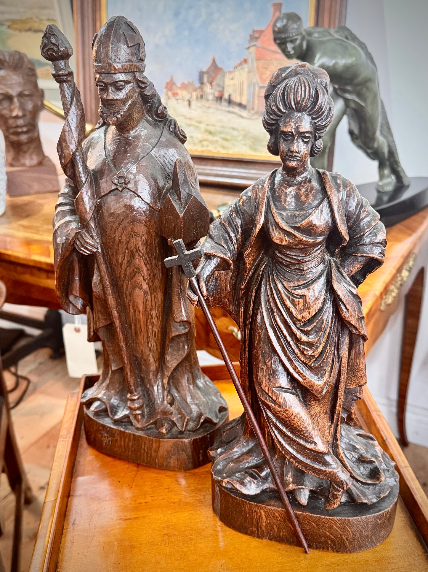 Pair Oak Carved Saints c1800’s