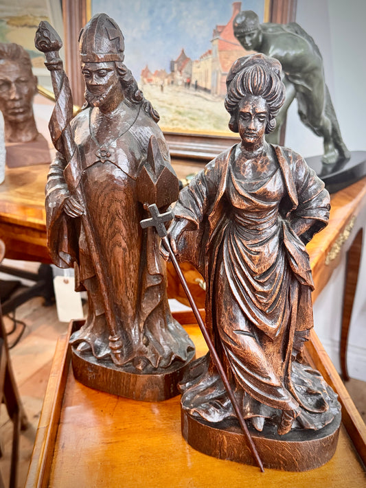Pair Oak Carved Saints c1800’s