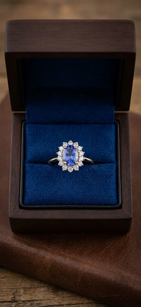 Tanzanite and Diamond Halo Ring 9ct Yellow Gold