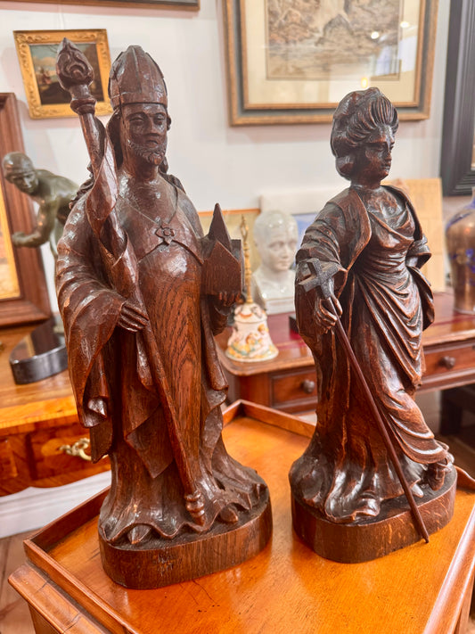 Pair Oak Carved Saints c1800’s