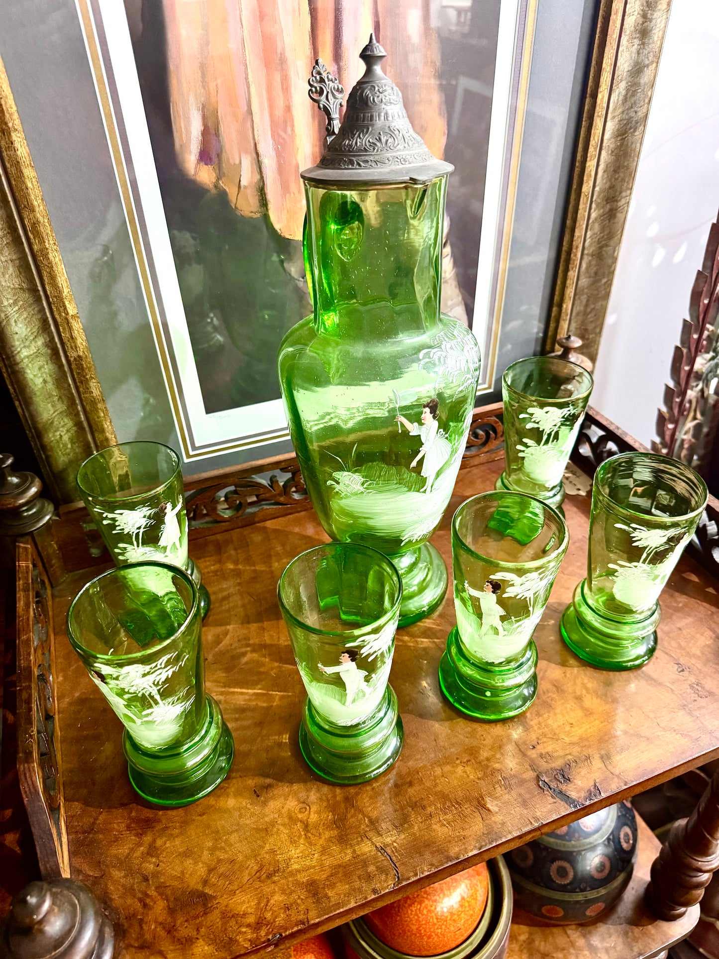 Pitcher and Six Glasses Mary Gregory 1900 Circa