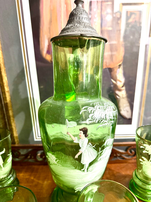 Pitcher and Six Glasses Mary Gregory 1900 Circa