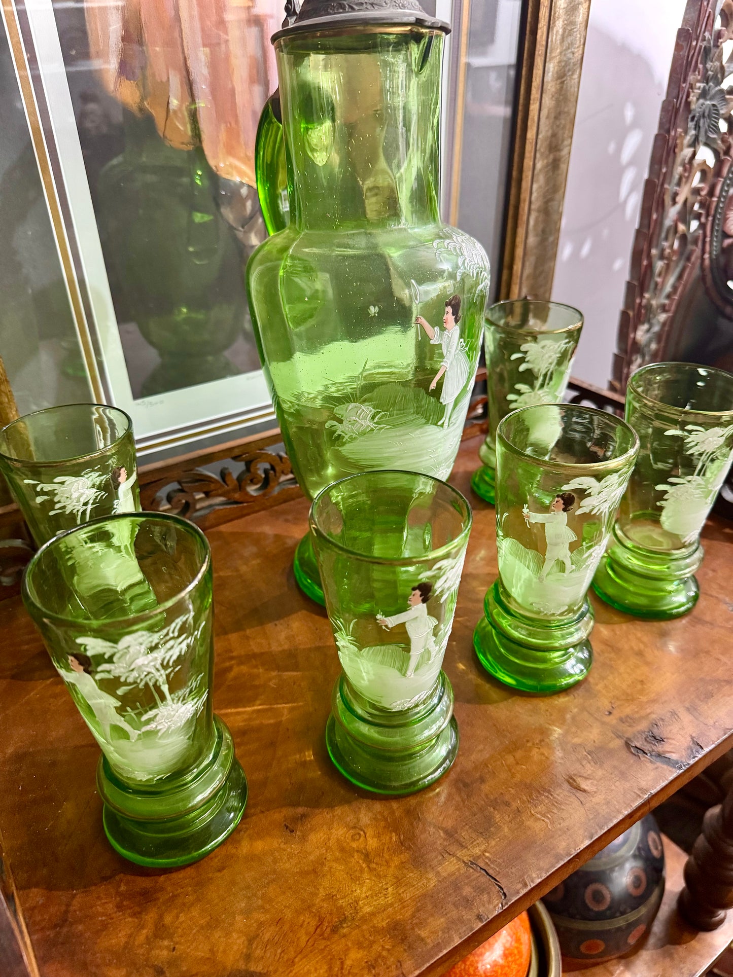 Pitcher and Six Glasses Mary Gregory 1900 Circa