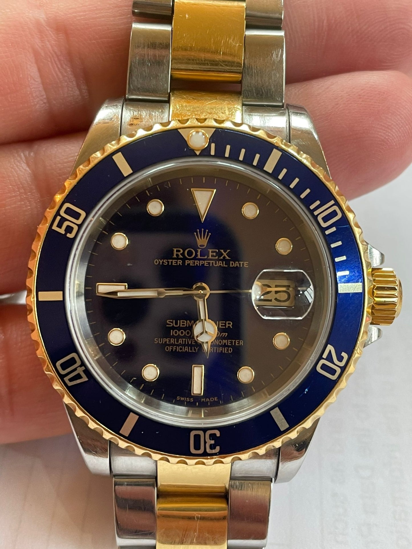 Submariner Blusey Mens Rolex Submariner Date 18k Yellow Gold Steel Watch Blue Dial Bezel 16613