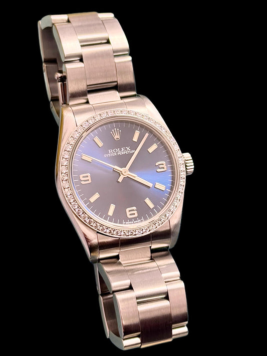 Ladies Rolex Oyster Perpetual Blue Facd and Diamond Bezel 31mm