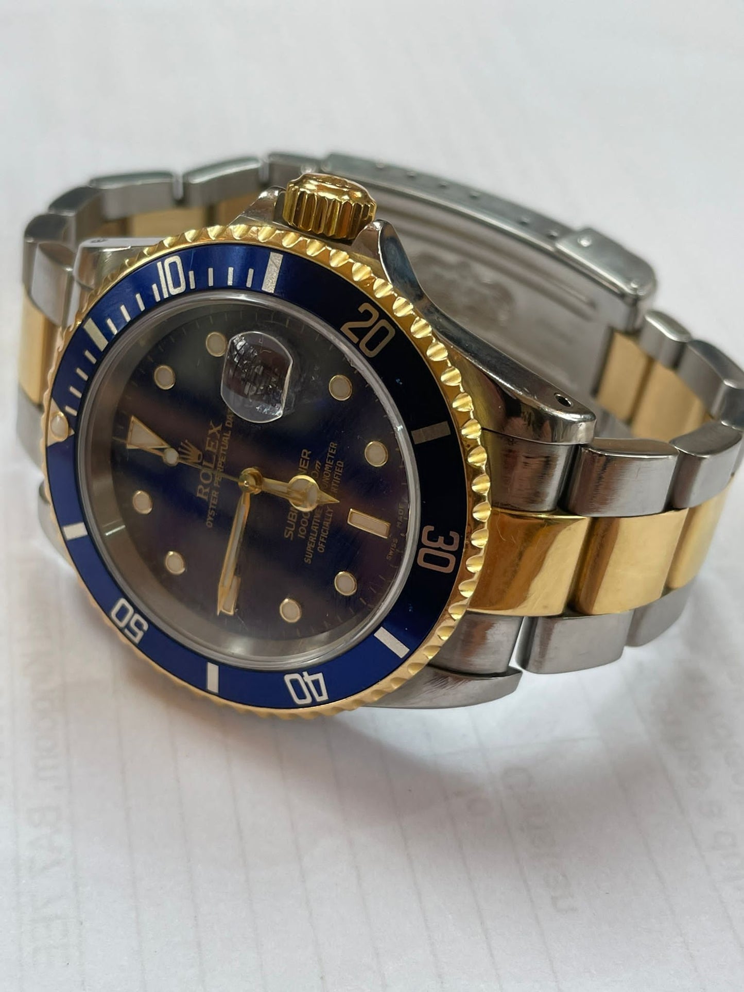 Submariner Blusey Mens Rolex Submariner Date 18k Yellow Gold Steel Watch Blue Dial Bezel 16613