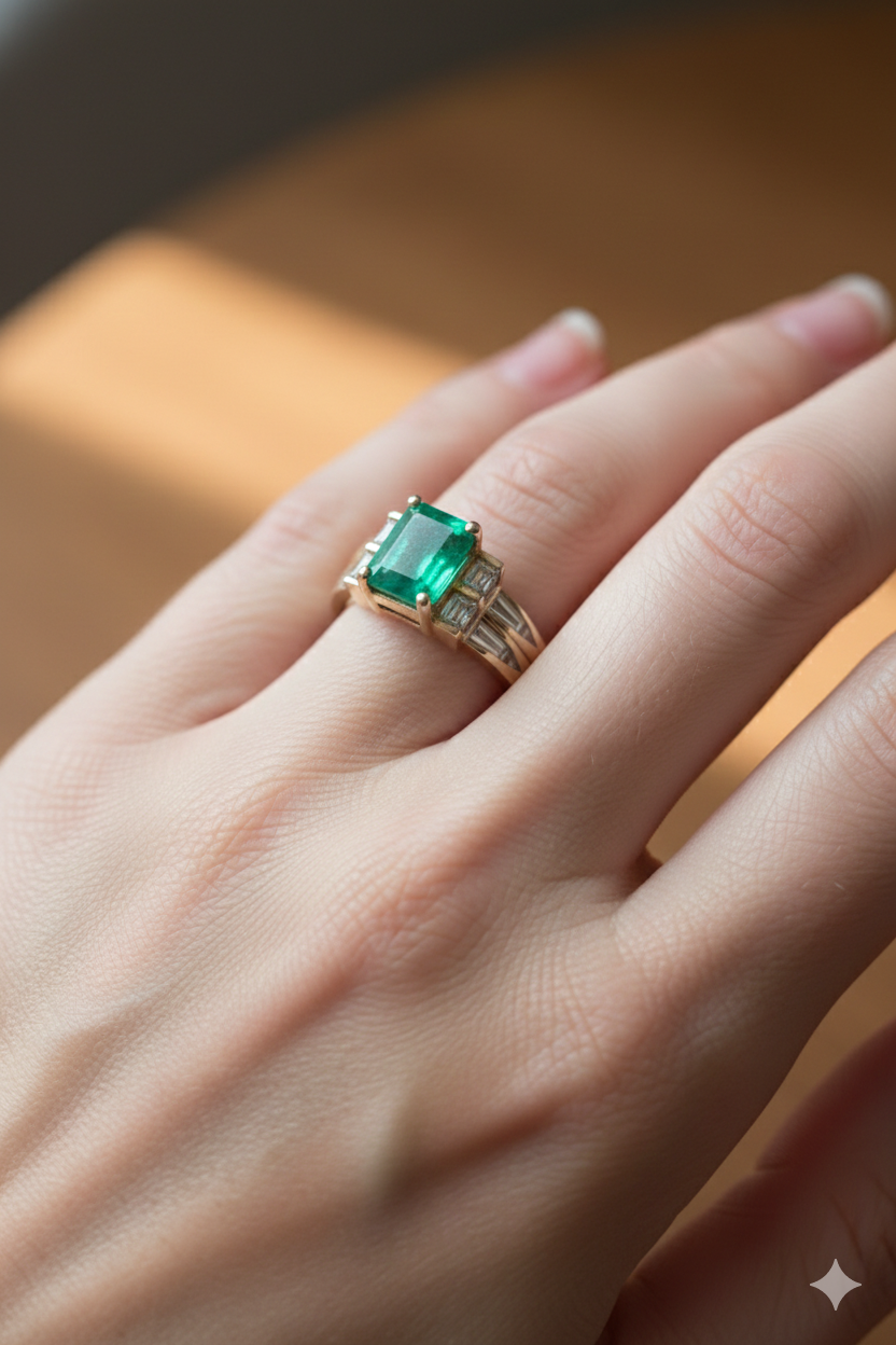 Emerald and Diamond Ring Yellow Gold