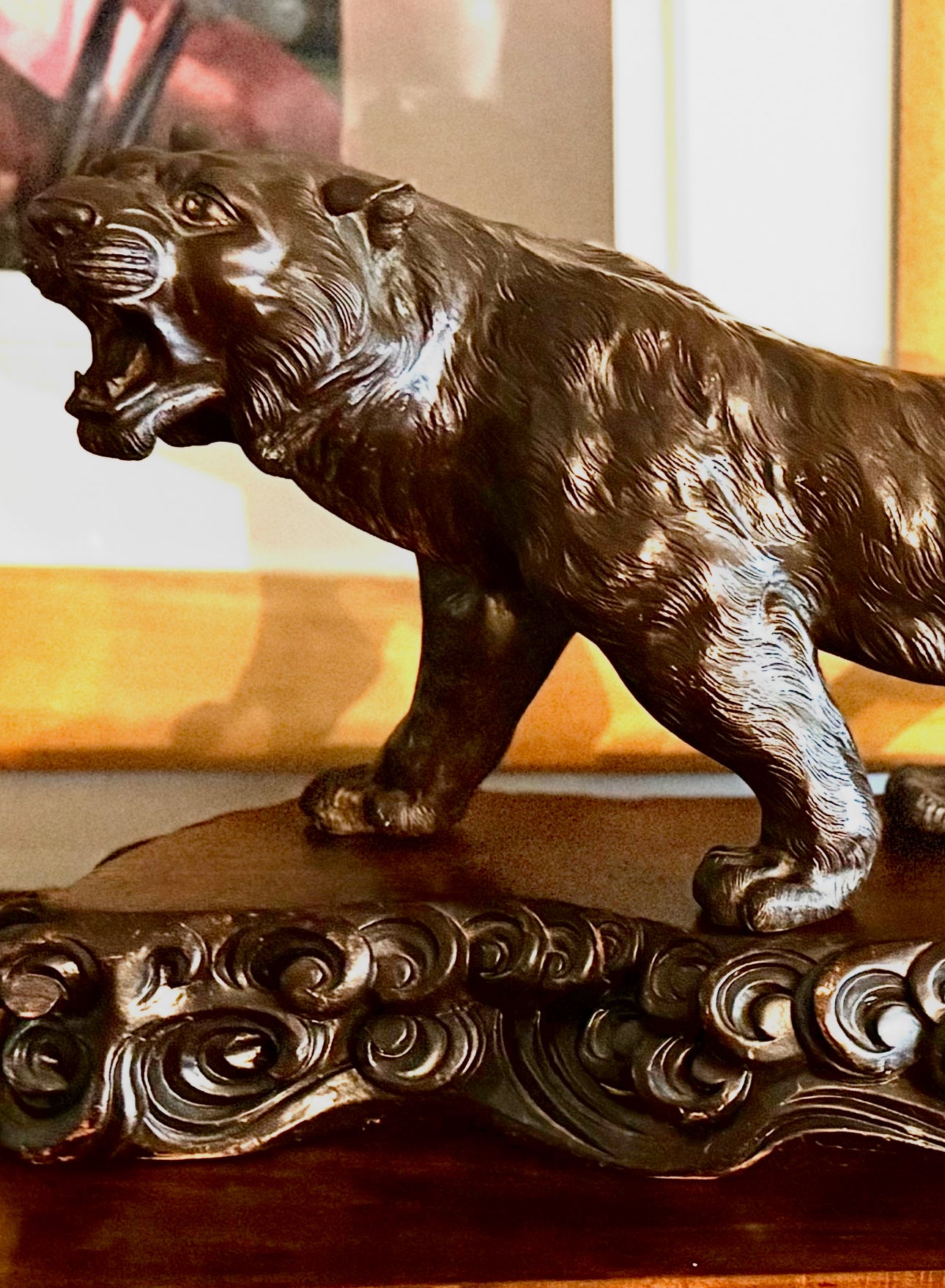 Japanese Tiger Bronze With Carved Wood Base