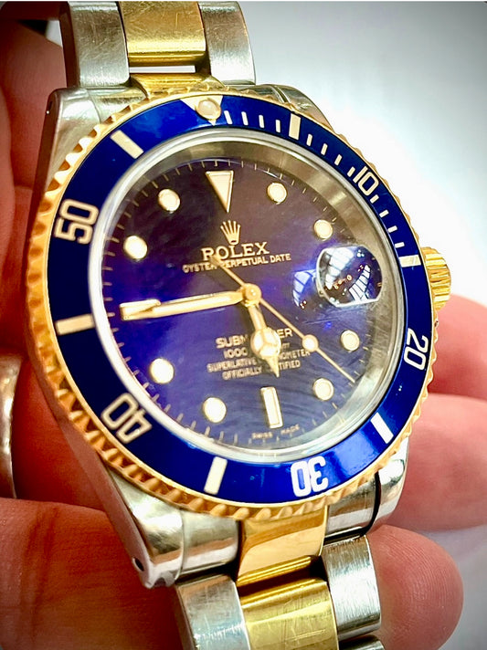 Submariner Blusey Mens Rolex Submariner Date 18k Yellow Gold Steel Watch Blue Dial Bezel 16613