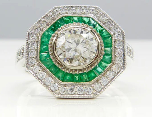 Emerald and Diamond Art Deco Target 18k White Gold Ring