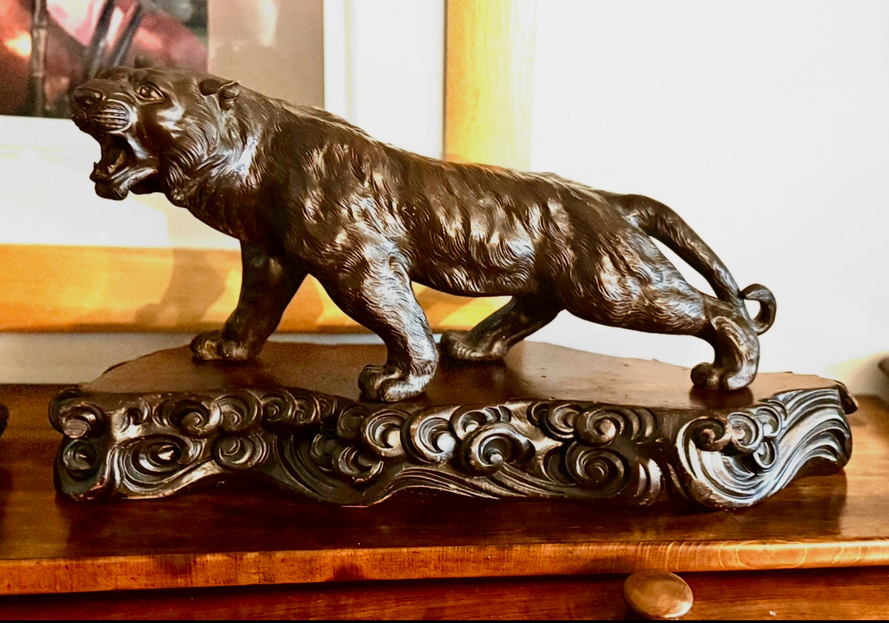 Japanese Tiger Bronze With Carved Wood Base