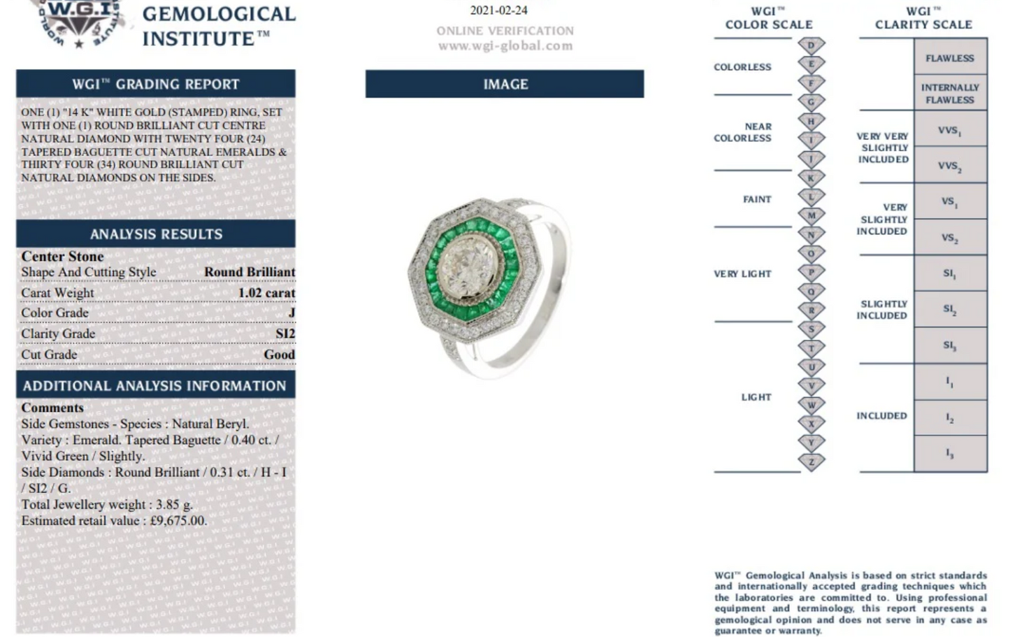Emerald and Diamond Art Deco Target 18k White Gold Ring