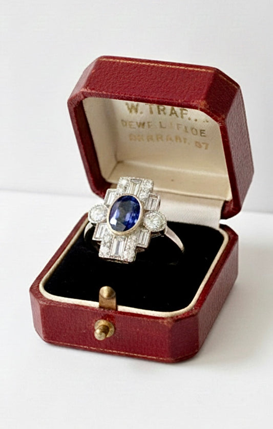 Art Deco Style Sapphire & Diamond 18k White Gold Ring