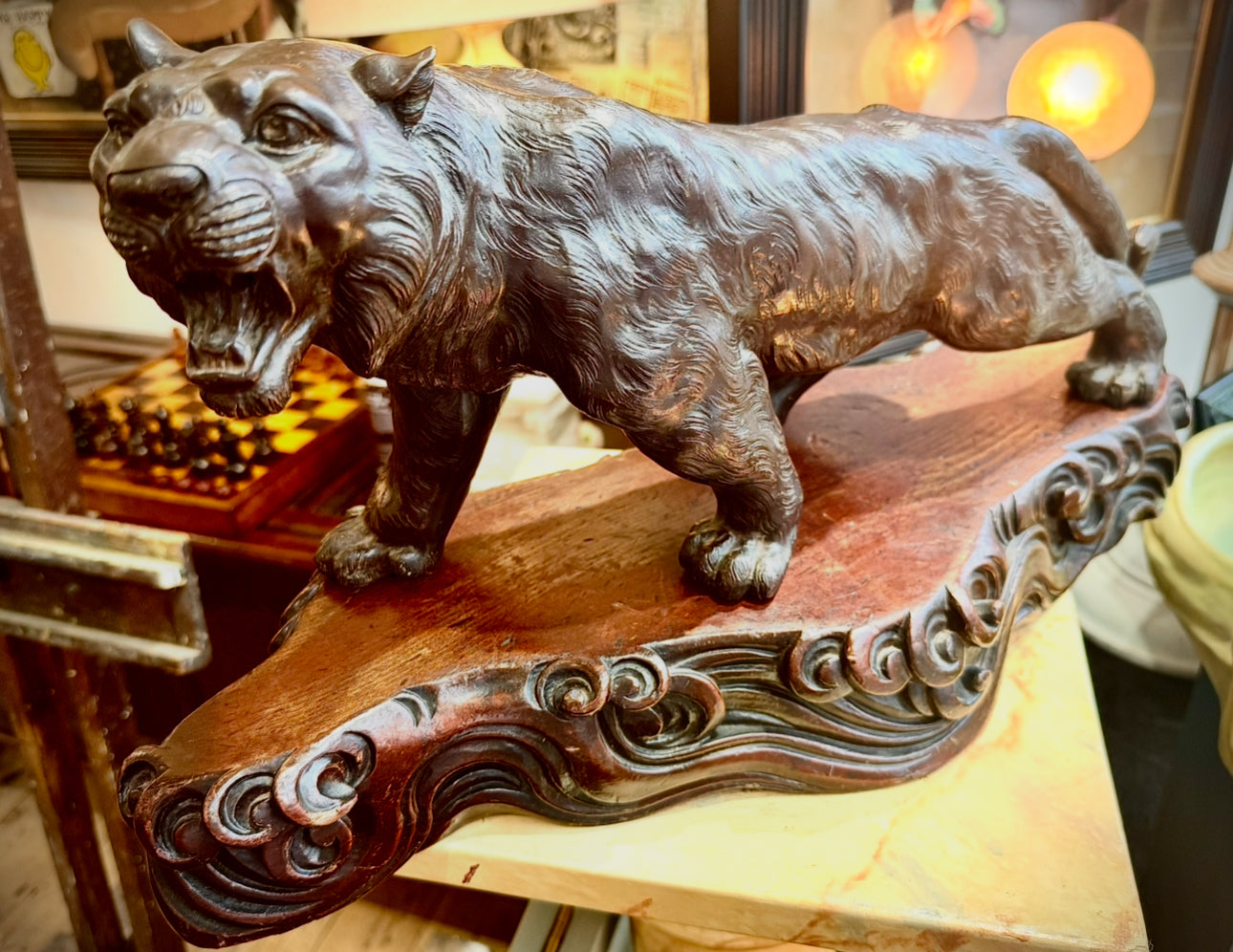 Japanese Tiger Bronze With Carved Wood Base