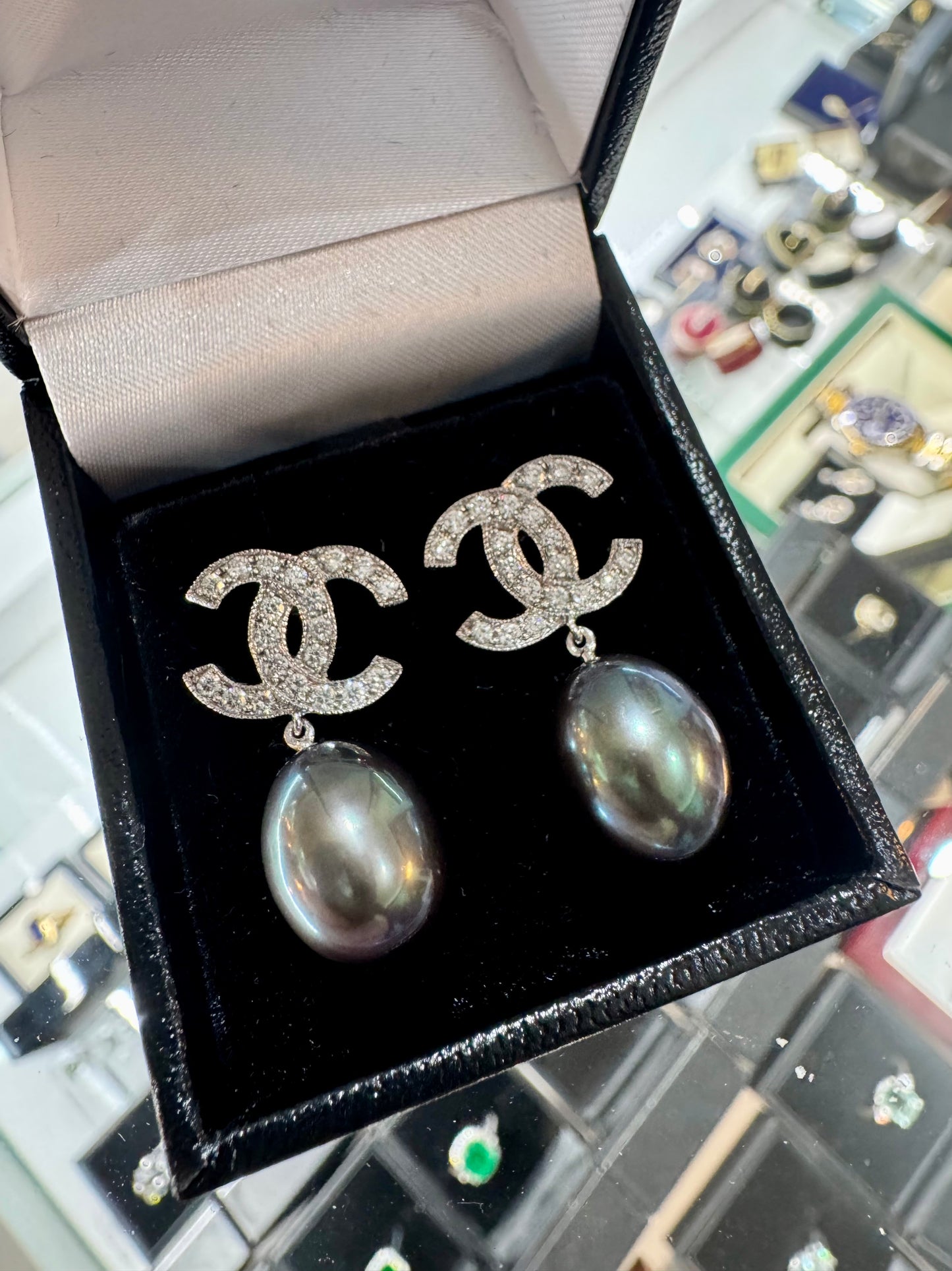 Black Pearl and Diamond Earrings 18ct White Gold