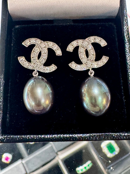 Black Pearl and Diamond Earrings 18ct White Gold