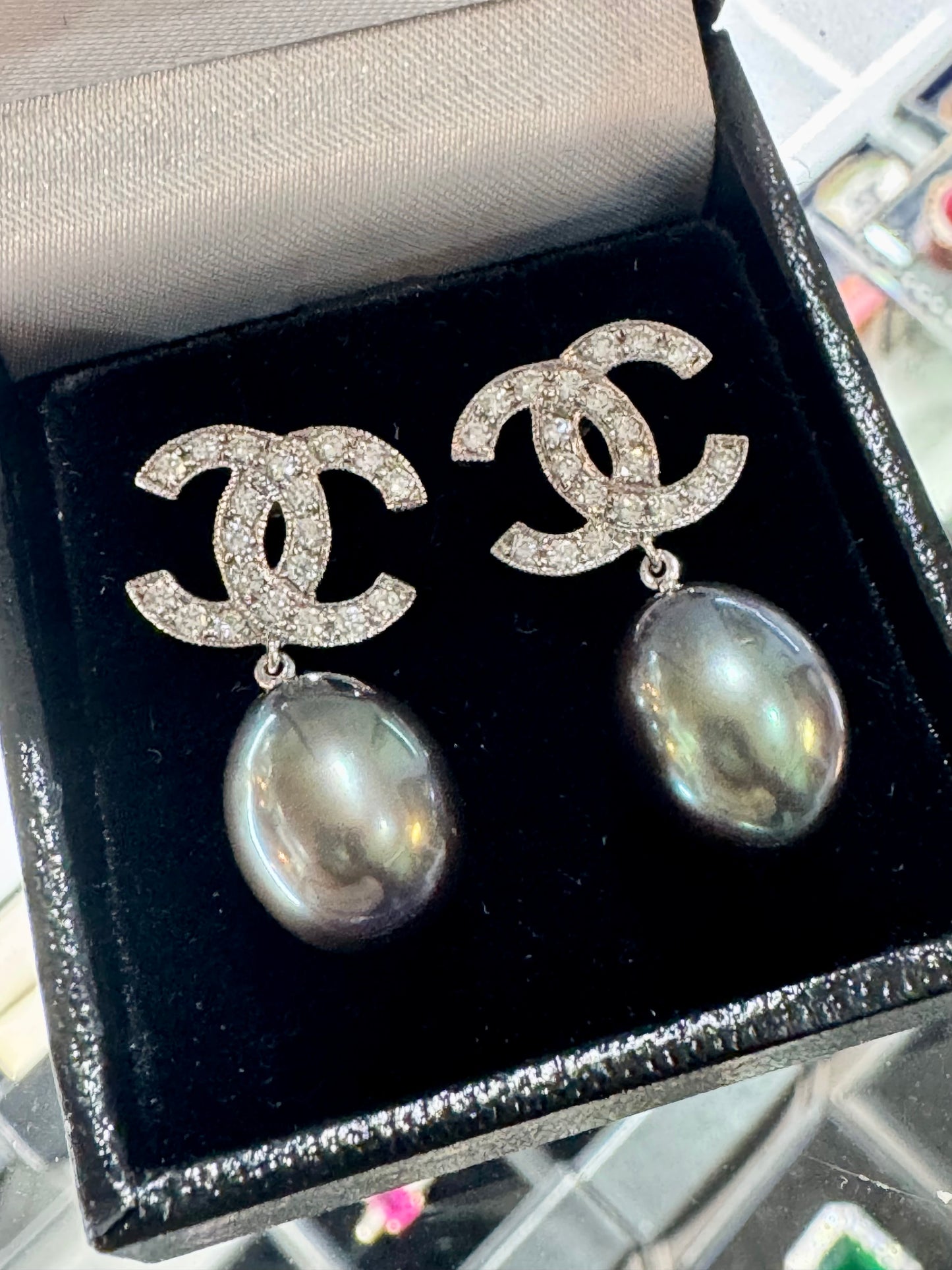 Black Pearl and Diamond Earrings 18ct White Gold
