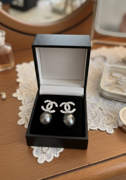 Black Pearl and Diamond Earrings 18ct White Gold