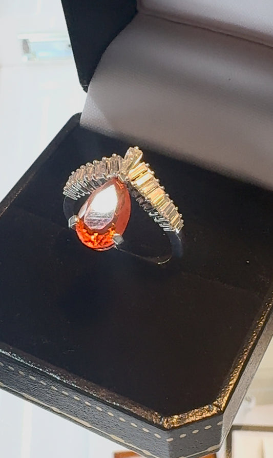 Fire Opal and Baguette Diamond Ring 18k White Gold