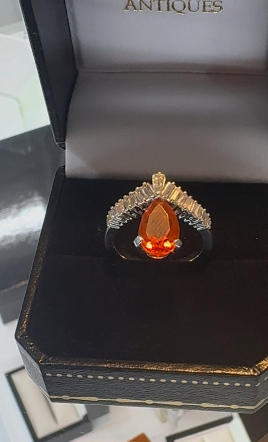 Fire Opal and Baguette Diamond Ring 18k White Gold
