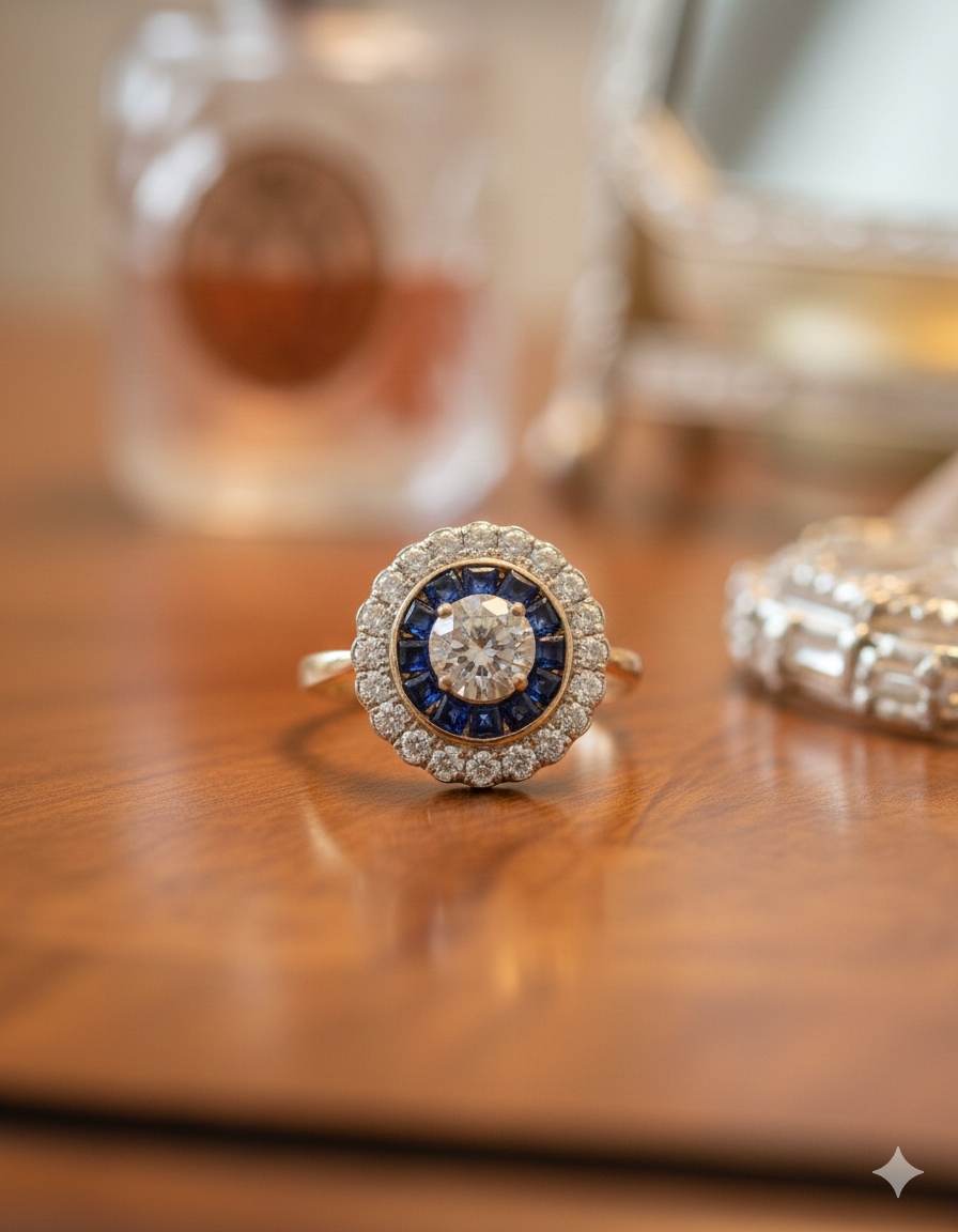 Sapphire and Diamond Art Deco Target Ring 18k