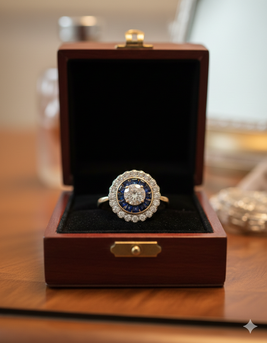 Sapphire and Diamond Art Deco Target Ring 18k