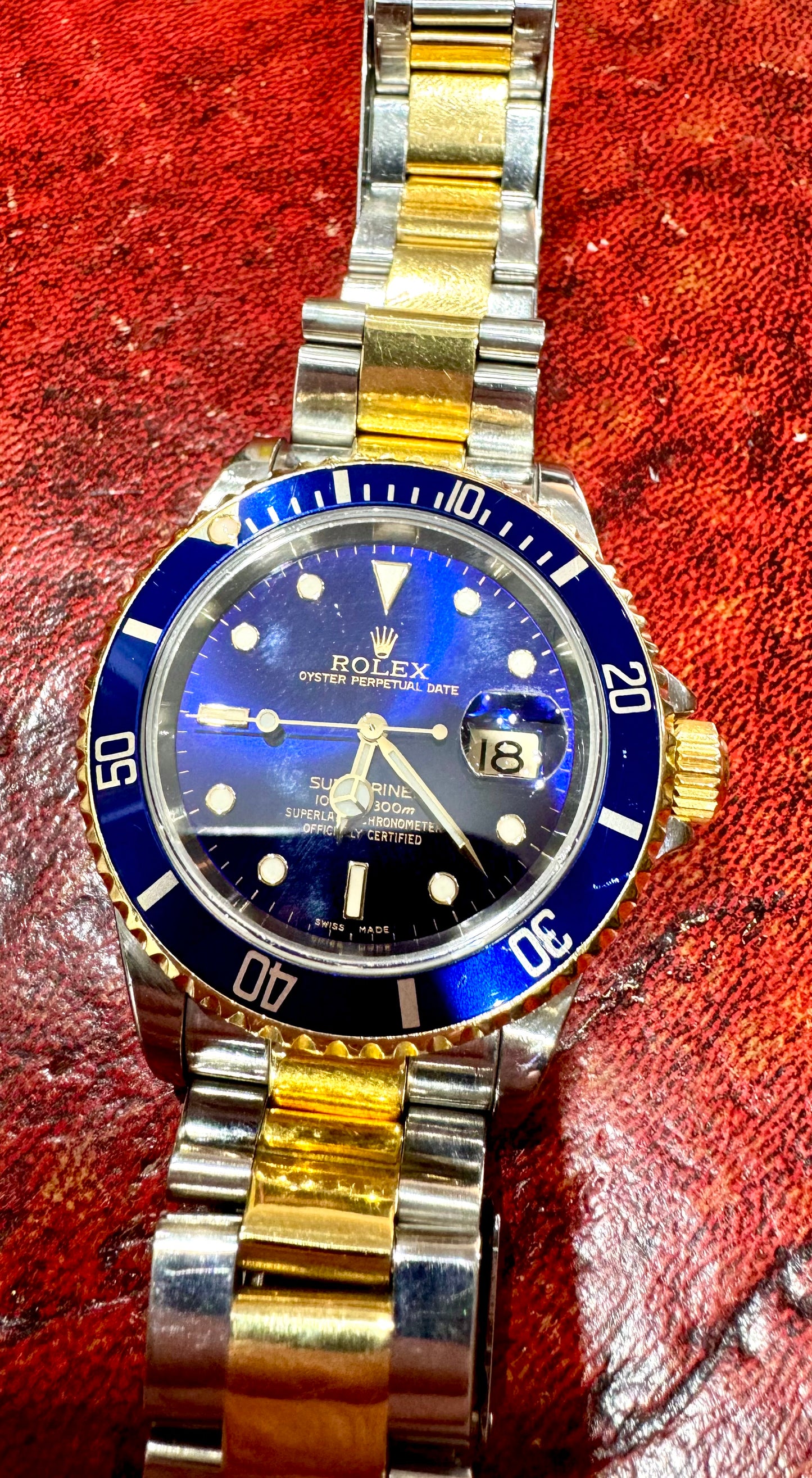 Submariner Blusey Mens Rolex Submariner Date 18k Yellow Gold Steel Watch Blue Dial Bezel 16613