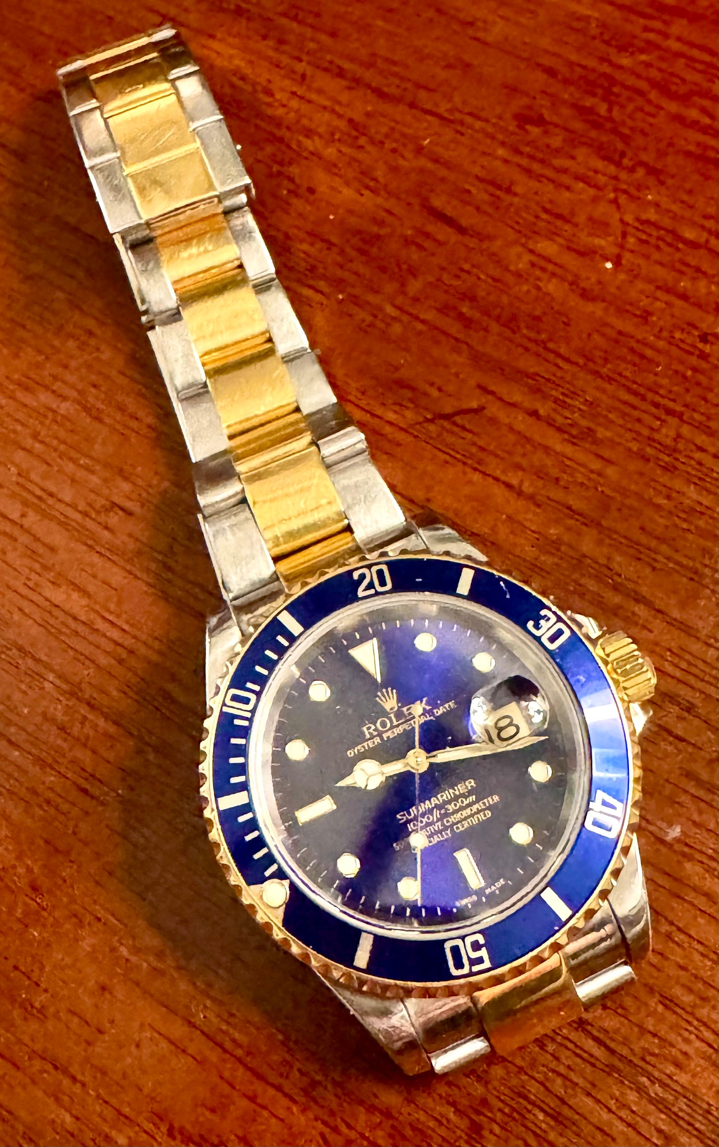 Submariner Blusey Mens Rolex Submariner Date 18k Yellow Gold Steel Watch Blue Dial Bezel 16613