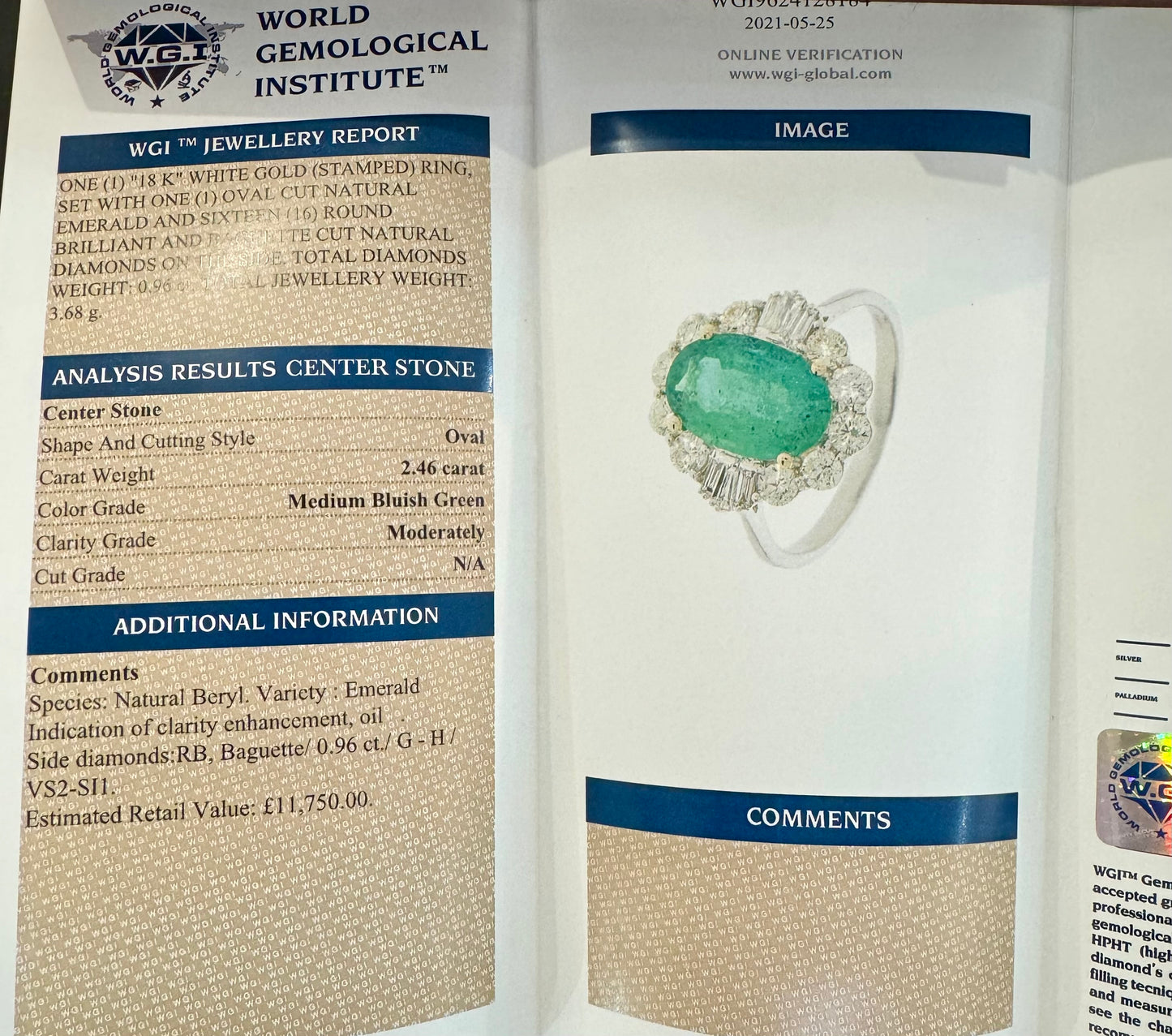 Oval Emerald and Baguette Diamond 18ct White Gold Ring