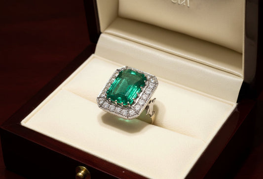Emerald 7.5ct and Diamond 2ct Ring, 18k White Gold