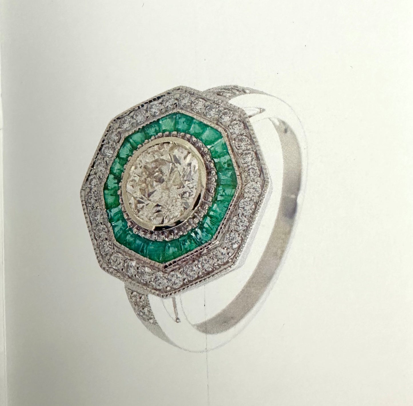 Emerald and Diamond Art Deco Target 18k White Gold Ring