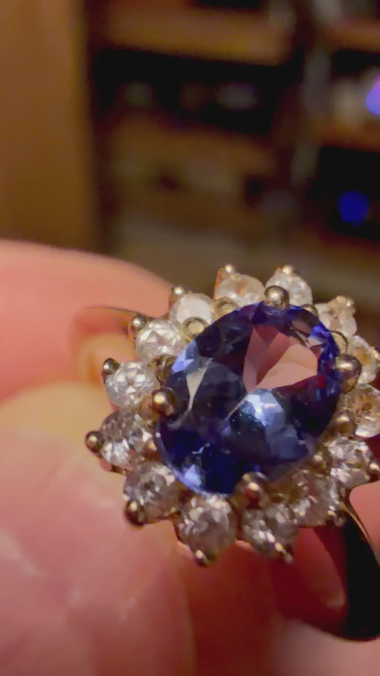 Tanzanite and Diamond Halo Ring 9ct Yellow Gold